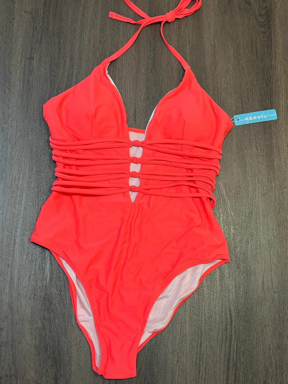 NWT Neon Pink Cutout One Piece Swimsuit Halter Strappy Waist Beach Pool Large - Picture 2 of 7